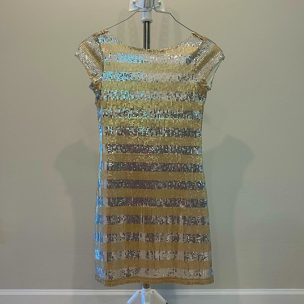 White House Black Market Sequin Gold and Silver Stripe Dress